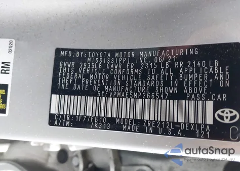 2021 Toyota Corolla Le from USA, damaged, VIN 5YFVPMAE5MP266547